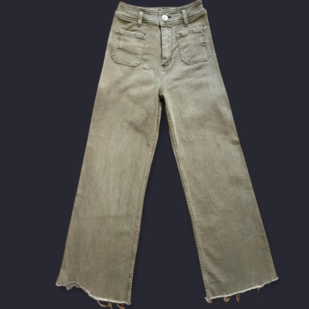 Altanera taupe/green wide leg jeans with raw hem detail Size 2
